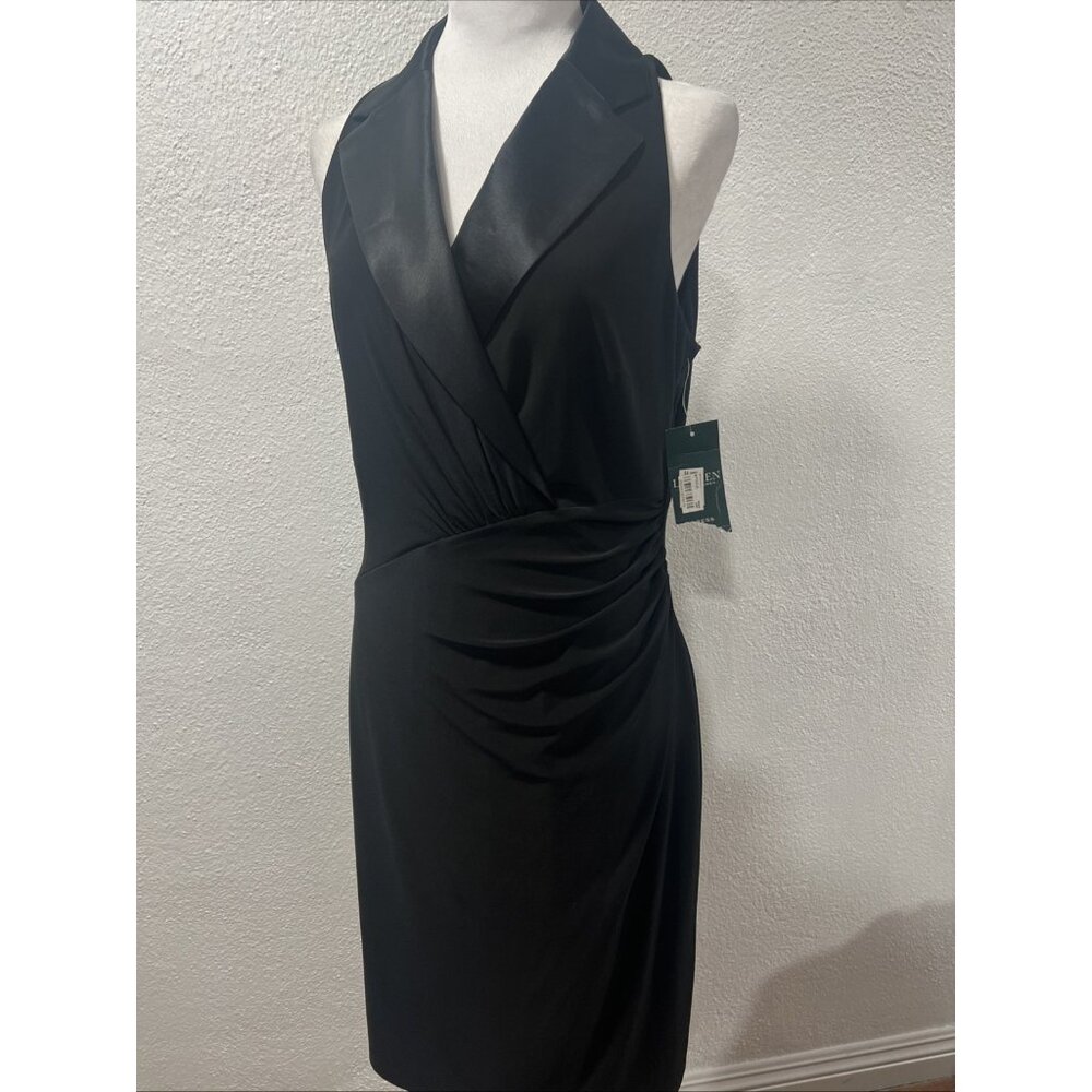 Lauren Ralph Lauren  Dress 12 Halter Black‎  Formal Lined Satin Collared Ruched
